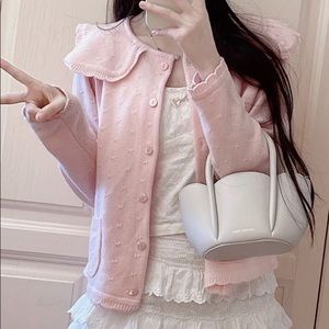 Japanese Kawaii Pastel Pink Knitted Sailor Collar Ruffle Sweater Cardigan Top